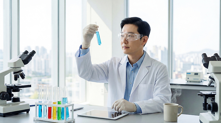 JPG 편집이미지 남자 현미경 실험기구 실험 자료 관찰 화학 연구실 실험실 결과 연구원 과학자 분석 시험관 시약 생명과학 의료성형뷰티 편집실사 AI인물포토 AI콘텐츠 직업 과학 컨셉 모션 사람 약 CG 학자 파일형식 AI포토 의학