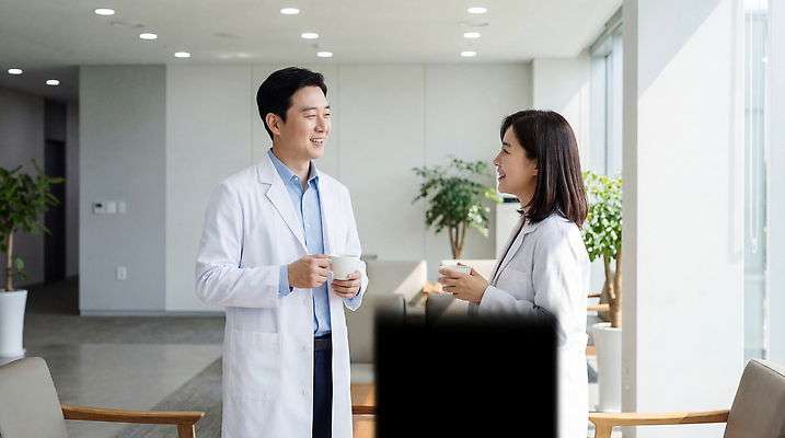JPG 편집이미지 여자 남자 커피 의학 대화 일상 컵 사무실 의료진 업무 전문직 연구원 동료 친목 의료성형뷰티 편집실사 AI인물포토 AI콘텐츠 직업 식기 음료 비즈니스 관계 말하기 사람 라이프 작업 CG 파일형식 AI포토 모션 생활