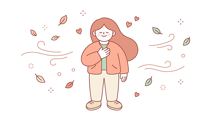 여자 행복 감정 일러스트 자연 바람 나뭇잎 건강 사랑 서기 사람 일상 평화 하트 자아 국내일러스트 AI파일 자연요소 모양 컨셉 잎 모션 날씨 라이프 생태계 파일형식 벡터 식물 생활