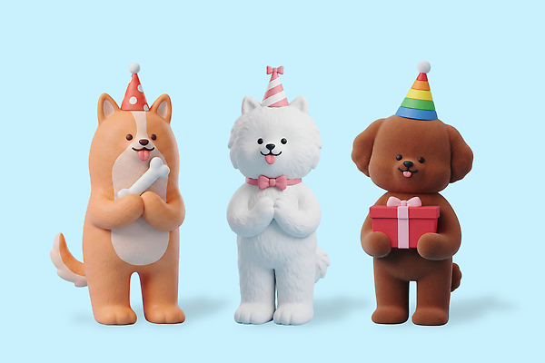 잡화 기념일 컨셉 이벤트 반려동물 3D 개 파일형식 강아지 인형 생일 파티 모자 선물 축하 장난감 캐릭터 귀여움 편집3D PSD 편집이미지