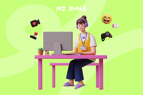 PSD 편집이미지 캐릭터 휴식 라이프 캐주얼 컴퓨터 사무실 모니터 헤드폰 공간 장비 게임 작업 MZ세대 편집3D 옷 음향기기 컨셉 비즈니스 놀이 생활 전자제품 3D 세대 파일형식 디지털합성