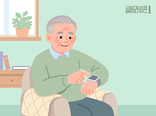 가구 의자 사람 성인 신체부위 스마트기기 감각 웨어러블 파일형식 벡터 노년 스마트워치 소파 남자 확인 편안함 옷 식물 거실 생활 기술 건강 손목 디지털 방 국내일러스트 AI파일 일러스트