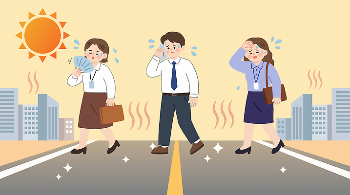 여자 남자 서류가방 일러스트 날씨 거리 야외 햇빛 직장인 더위 땀 기온 삼복 국내일러스트 AI파일 직업 가방 사람 빛 복날 파일형식 벡터 잡화 기념일 이벤트