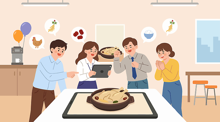 음식 일러스트 대화 요리 여러명 태블릿 주방 식사 레시피 삼계탕 삼복 국내일러스트 AI파일 다수 말하기 사람 전자제품 스마트기기 복날 보양식 파일형식 벡터 기념일 모션 몸보신 이벤트 보신