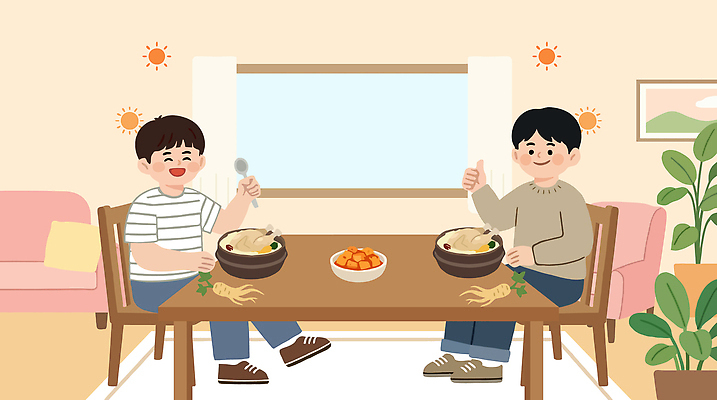 식물 그릇 남자 행복 일러스트 창문 탁자 함께함 사람 식사 만족 국물 삼계탕 삼복 국내일러스트 AI파일 식기 감정 음식 가구 컨셉 복날 보양식 파일형식 벡터 기념일 생활용품 몸보신 이벤트 오브젝트 보신