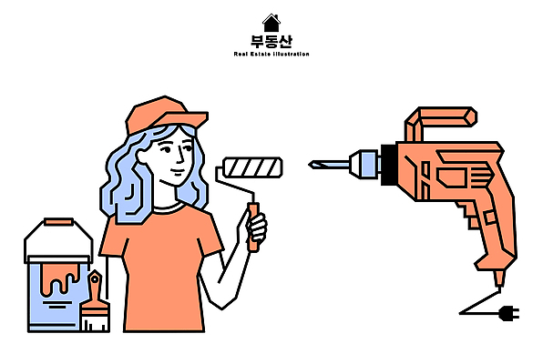 직업 여자 건축 일러스트 페인트 장비 도구 작업 색칠 수리 드릴 롤러 꾸미기 리모델링 손재주 국내일러스트 AI파일 사람 공구 파일형식 벡터