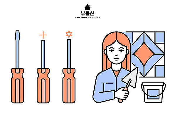 디자인 여자 건축 일러스트 재료 부동산 실내 벽면 인테리어 장비 도구 공구 작업 드라이버 수리 삽 타일 시공 프로젝트 국내일러스트 AI파일 벽 사람 내부 재산 파일형식 벡터 금융 경제