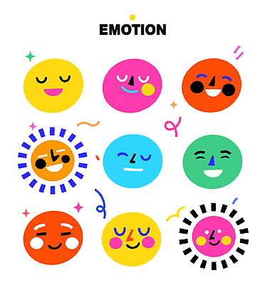 캐릭터 디자인 감정 얼굴 일러스트 표정 웃음 귀여움 기쁨 즐거움 창의력 이모지 국내일러스트 AI파일 컨셉 신체부위 파일형식 벡터 사람