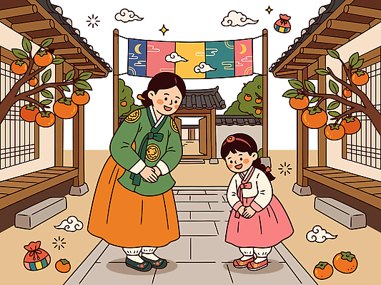 계절 여자 문화 길 어린이 일러스트 가족 웃음 추석 마을 한복 감나무 명절인사 예절교육 국내일러스트 AI파일 나무 한국전통 교육 명절 관계 표정 감 사람 예절 인사 전통의상 파일형식 벡터 식물 전통 기념일 과일 한국 아시아 이벤트 나라