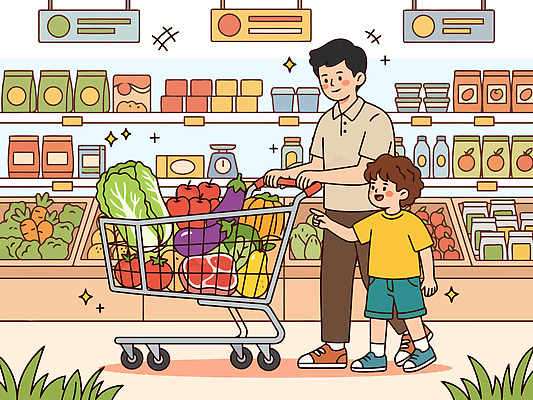 아들 음식 채소 과일 일러스트 가족 함께함 소년 일상 생활 쇼핑 장보기 추석 쇼핑카 아빠 소비 구매 준비 슈퍼마켓 매대 국내일러스트 AI파일 명절 남자 어린이 컨셉 관계 라이프 상점 카트 파일형식 벡터 전통 기념일 사람 이벤트