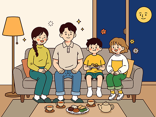 어린이 거실 일러스트 가족 휴식 디저트 주택 함께함 대화 웃음 부모 소파 추석 자녀 준비 나눔 다과 오후 국내일러스트 AI파일 명절 음식 컨셉 의자 관계 표정 말하기 사람 건물 파일형식 벡터 전통 건축물 기념일 가구 모션 건축 생활용품 이벤트 오브젝트