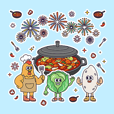 캐릭터 한식 일러스트 불꽃놀이 요리 웃음 파티 요리사 축제 쌀 닭 솥 즐거움 양배추 닭갈비 솥뚜껑 국내일러스트 AI파일 직업 감정 음식 채소 놀이 조류 주방용품 곡류 표정 이벤트 닭고기 닭고기요리 파일형식 벡터 동물 생활용품 육류 식재료 오브젝트