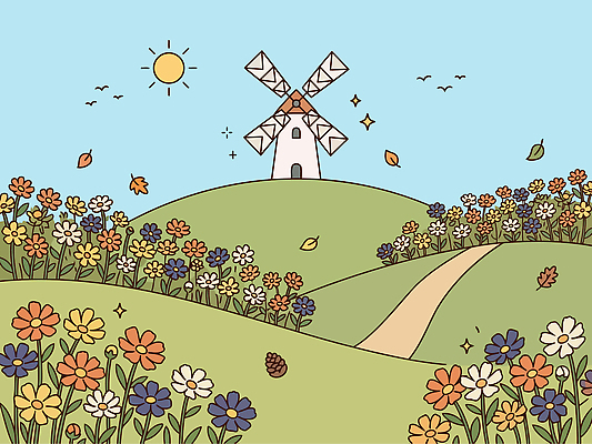 식물 길 낙엽 꽃밭 일러스트 자연 하늘 초원 태양 가을풍경 맑음 풍차 언덕 코스모스 산들바람 국내일러스트 AI파일 자연요소 꽃 잎 바람 날씨 풍경 가을 생태계 파일형식 벡터 계절