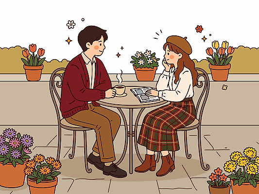 커플 여자 패션 남자 꽃 화분 커피 음료 의자 데이트 일러스트 탁자 이야기 대화 책 독서 카페 만남 발코니 편안함 가을옷 국내일러스트 AI파일 식물 옷 가구 컨셉 관계 말하기 사람 상점 가을 감각 파일형식 벡터 계절 생활용품 모션 오브젝트