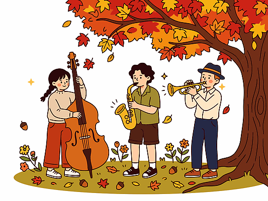 여자 남자 꽃 음악 연주 일러스트 자연 놀이 단풍나무 나뭇잎 친구 가을풍경 색소폰 즐거움 트럼펫 콘트라베이스 국내일러스트 AI파일 나무 식물 감정 단풍 잎 관계 현악기 문화예술 사람 풍경 가을 목관악기 금관악기 생태계 파일형식 벡터 계절 악기 관악기