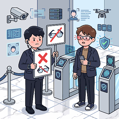 안경 일러스트 출입구 기술 경고 안전 사람 스마트기기 선글라스 카메라 기계 시험 금지 통제 체크 검사 보안 규칙 드론 시험장 스마트안경 국내일러스트 AI파일 잡화 교육 전자제품 파일형식 벡터