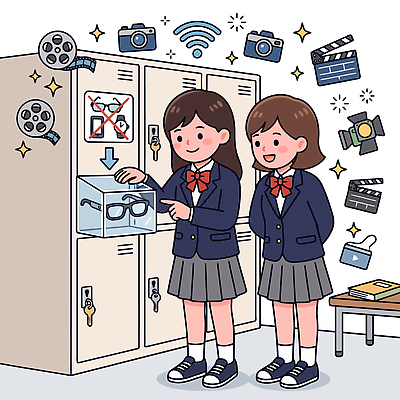 학생 일러스트 교실 학교 친구 스마트기기 카메라 시험 금지 사물함 저장 시험장 스마트안경 국내일러스트 AI파일 교육 안경 관계 전자제품 파일형식 벡터 잡화