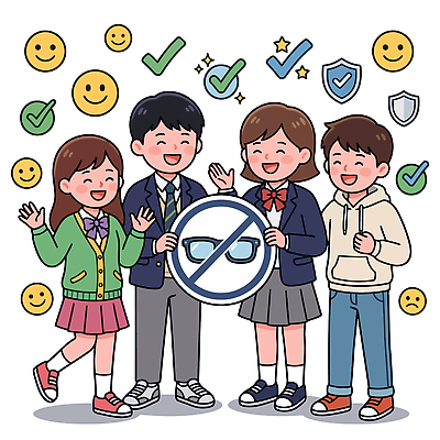 학생 교육 안경 일러스트 표정 웃음 친구 스마트기기 시험 금지 그룹 규칙 시험장 의무 착용 스마트안경 국내일러스트 AI파일 잡화 관계 전자제품 파일형식 벡터
