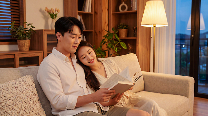 JPG 편집이미지 여자 남자 데이트 신혼부부 휴식 조명 함께함 사랑 책 소파 독서 기댐 공간 방 저녁 편안함 읽기 의료성형뷰티 편집실사 AI인물포토 AI콘텐츠 부부 감정 컨셉 의자 모션 사람 감각 밤 야간 CG 신혼 파일형식 AI포토 자연요소 커플 가구 생활용품 관계 오브젝트