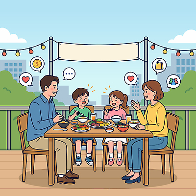 행복 음료 음식 일러스트 가족 식탁 대화 웃음 야외 부모 식사 발코니 자녀 도시 분위기 즐거움 지원 지역화폐 국내일러스트 AI파일 감정 컨셉 돈 관계 탁자 표정 말하기 파일형식 벡터 가구 모션 재산 생활용품 금융 경제 오브젝트