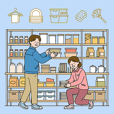 접시 여자 남자 일러스트 상자 주방 전문직 청소 오브젝트 서랍장 정리 수납 정리정돈 국내일러스트 AI파일 직업 식기 가구 사람 파일형식 벡터 생활용품