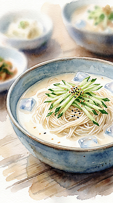 JPG 전통 그릇 한식 음식 채소 일러스트 수채화 여름 얼음 식사 신선 면류 맛 국수 콩국수 국내일러스트 AI일러스트 AI콘텐츠 자연요소 식기 계절 컨셉 여름음식 파일형식