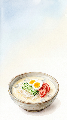 JPG 그릇 한식 음식 토마토 채소 일러스트 수채화 요리 여름 계란 식사 면류 콩국수 국내일러스트 AI일러스트 AI콘텐츠 식기 계절 여름음식 알 국수 파일형식