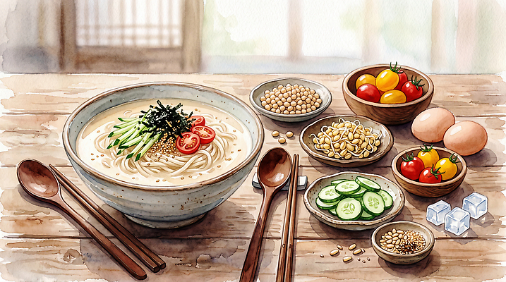JPG 한식 음식 채소 일러스트 재료 식탁 수채화 요리 계란 식사 면류 상차림 국수 콩국수 국내일러스트 AI일러스트 AI콘텐츠 탁자 여름음식 알 파일형식 가구 여름 계절 생활용품 오브젝트