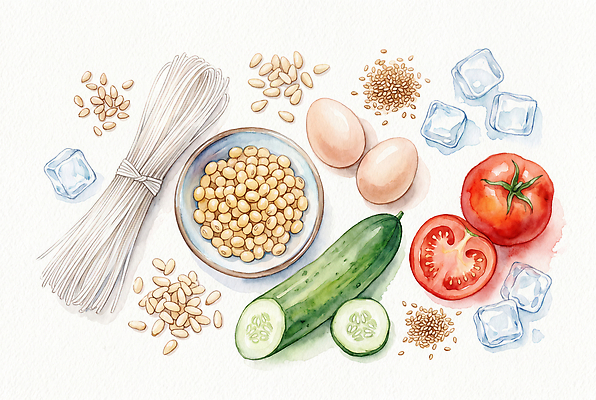 JPG 음식 토마토 채소 일러스트 식재료 재료 오이 수채화 요리 여름 계란 얼음 신선 면류 준비 깨 손질 콩국수 국내일러스트 AI일러스트 AI콘텐츠 자연요소 계절 한식 여름음식 알 조미료 국수 파일형식 향미료 양념