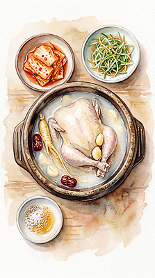 JPG 한식 채소 일러스트 반찬 김치 수채화 요리 식사 닭고기 전통음식 맛 국물 삼계탕 건강식 백숙 국내일러스트 AI일러스트 AI콘텐츠 전통 음식 컨셉 육류 보양식 파일형식 식재료 몸보신 보신