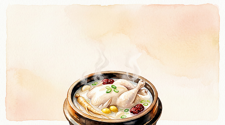 JPG 전통 한식 음식 일러스트 수채화 한국 식사 닭고기 인삼 맛 김 대추 국물 삼계탕 국내일러스트 AI일러스트 AI콘텐츠 아시아 컨셉 육류 삼 해조류 보양식 파일형식 나라 채소 식재료 해양식물 몸보신 수중식물 보신 식물