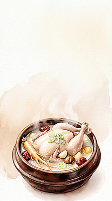 JPG 한식 음식 일러스트 수채화 요리 닭고기 뜨거움 맛 국물 삼계탕 국내일러스트 AI일러스트 AI콘텐츠 컨셉 육류 보양식 파일형식 식재료 몸보신 보신