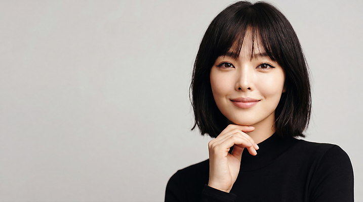 JPG 모델 편집이미지 여자 얼굴 포즈 손가락 회색배경 짧은머리 웃음 사람 머리 단발머리 턱 의료성형뷰티 스타일 편집실사 AI인물포토 AI콘텐츠 헤어스타일 손 표정 신체부위 회색 CG 파일형식 AI포토 컬러
