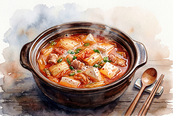 JPG 그릇 한식 채소 일러스트 젓가락 김치 수채화 따뜻함 육류 요리 숟가락 식사 뜨거움 찌개 국물 김치찌개 국내일러스트 AI일러스트 AI콘텐츠 식기 음식 식재료 수저 파일형식