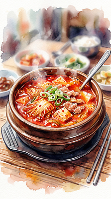 JPG 한국문화 한식 음식 일러스트 가족 식탁 탁자 밥 반찬 김치 수채화 육류 식사 뚝배기 맛집 대파 김치찌개 국내일러스트 AI일러스트 AI콘텐츠 동양문화 가구 식재료 관계 한국 찌개 파 파일형식 아시아 문화 생활용품 채소 나라 오브젝트