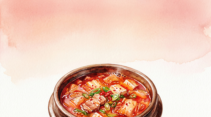 JPG 그릇 한식 음식 일러스트 수채화 한국 돼지고기 식사 전통음식 뜨거움 맛 국물 파 김치찌개 국내일러스트 AI일러스트 AI콘텐츠 전통 식기 아시아 컨셉 채소 육류 찌개 파일형식 나라 식재료