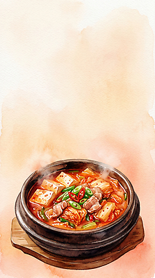 JPG 전통 한식 일러스트 수채화 돼지고기 식사 뜨거움 솥 매움 두부 국물 김치찌개 끓이기 맛있는 푸짐 국내일러스트 AI일러스트 AI콘텐츠 음식 컨셉 모션 주방용품 육류 맛 찌개 파일형식 생활용품 식재료 오브젝트