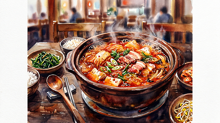 JPG 한식 음식 일러스트 식탁 밥 반찬 수채화 육류 식당 뜨거움 맛 두부 대파 김치찌개 국내일러스트 AI일러스트 AI콘텐츠 컨셉 식재료 탁자 상점 찌개 파 파일형식 가구 채소 생활용품 오브젝트