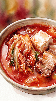 JPG 전통 그릇 한식 음식 일러스트 반찬 수채화 돼지고기 식사 매움 두부 국물 김치찌개 식사준비 국내일러스트 AI일러스트 AI콘텐츠 식기 육류 맛 찌개 준비 파일형식 컨셉 식재료