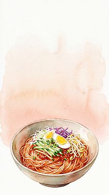 JPG 그릇 한식 음식 채소 일러스트 수채화 여름 계란 식사 면류 소스 맛 국수 냉면 비빔국수 국내일러스트 AI일러스트 AI콘텐츠 식기 계절 컨셉 여름음식 알 양념 파일형식