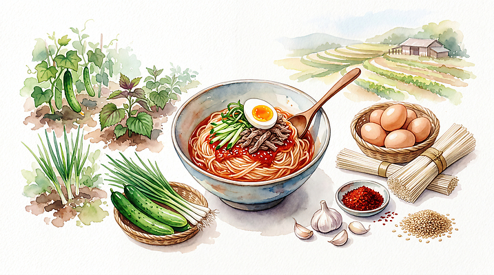 JPG 한식 음식 밭 농업 채소 일러스트 식재료 수채화 요리 농가 계란 식사 면류 맛 국수 비빔국수 국내일러스트 AI일러스트 AI콘텐츠 산업 컨셉 농장 알 파일형식