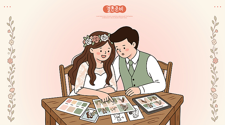 커플 여자 남자 웨딩드레스 결혼 일러스트 사진 탁자 결혼식 자료 계획 앨범 준비 신랑신부 국내일러스트 AI파일 드레스 신부 가구 신랑 컨셉 관계 사람 이벤트 파일형식 벡터 옷 생활용품 오브젝트