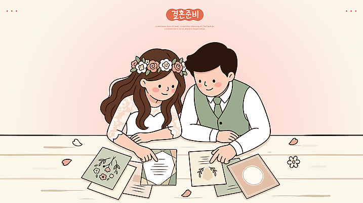 커플 여자 남자 꽃 행복 종이 웨딩드레스 결혼 일러스트 함께함 사랑 계획 토론 준비 청첩장 초대장 신랑신부 국내일러스트 AI파일 식물 드레스 감정 신부 신랑 컨셉 관계 카드_감사 사람 이벤트 파일형식 벡터 옷
