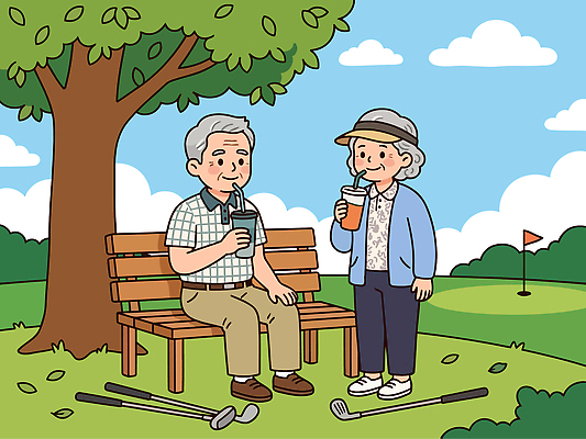 나무 노년 음료 스포츠 벤치 일러스트 골프장 자연 하늘 휴식 대화 웃음 잔디 취미 야외 친구 가을 즐거움 파크골프 국내일러스트 AI파일 식물 계절 감정 컨셉 골프 의자 스포츠시설 관계 표정 말하기 성인 생태계 파일형식 벡터 가구 모션 사람 구기 시설 생활용품 오브젝트