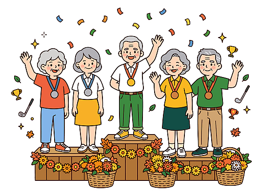 노년 꽃 행복 골프 일러스트 기쁨 가을 축하 그룹 수상 상 상패 메달 공동체 손흔들기 파크골프 국내일러스트 AI파일 식물 계절 감정 컨셉 모션 성인 구기 우승 파일형식 벡터 스포츠 사람 최고