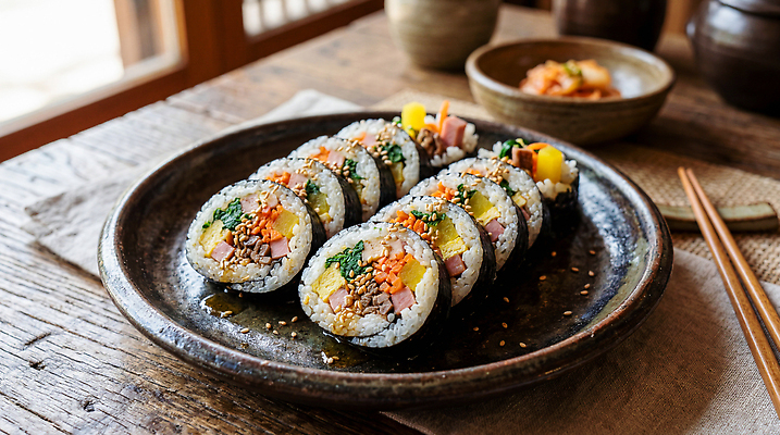 JPG 편집이미지 그릇 접시 음료 한식 젓가락 식사 맛 김밥 나무탁자 편집실사 AI포토 AI콘텐츠 식기 음식 컨셉 탁자 수저 CG 파일형식 가구 생활용품 오브젝트