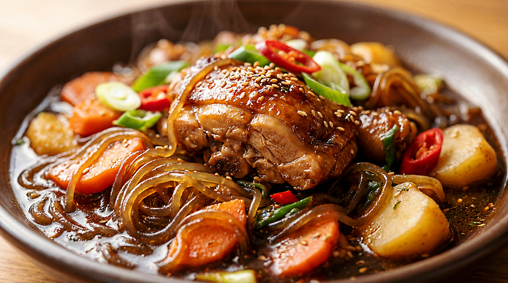 JPG 편집이미지 접시 한식 음식 채소 재료 요리 식사 닭고기 맛 간장 당면 찜닭 편집실사 AI포토 AI콘텐츠 식기 컨셉 육류 양념 CG 닭고기요리 파일형식 식재료