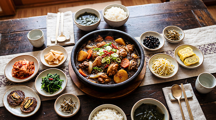 JPG 편집이미지 한식 채소 밥 반찬 김치 육류 식사 상차림 전 볶음 나물 찜닭 편집실사 AI포토 AI콘텐츠 음식 식재료 CG 닭고기요리 파일형식