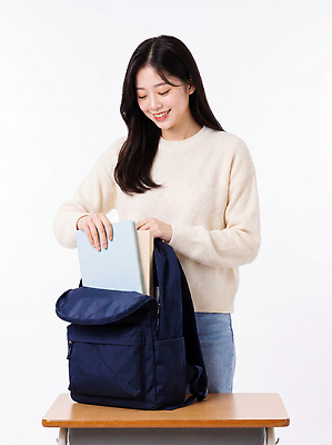 JPG 편집이미지 학생 여자 교육 대학생 가방 표정 웃음 청년 일상 책 학습 환경 책상 꺼내기 의료성형뷰티 편집실사 AI인물포토 AI콘텐츠 잡화 가구 모션 사람 성인 라이프 CG 파일형식 AI포토 생활용품 생활 오브젝트