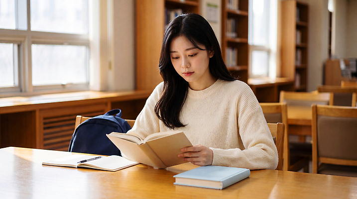 JPG 편집이미지 학생 여자 대학생 청년 책 학습 공책 도서관 집중 읽기 책상 의료성형뷰티 편집실사 AI인물포토 AI콘텐츠 교육 가구 컨셉 모션 문구용품 사람 성인 CG 파일형식 AI포토 생활용품 오브젝트